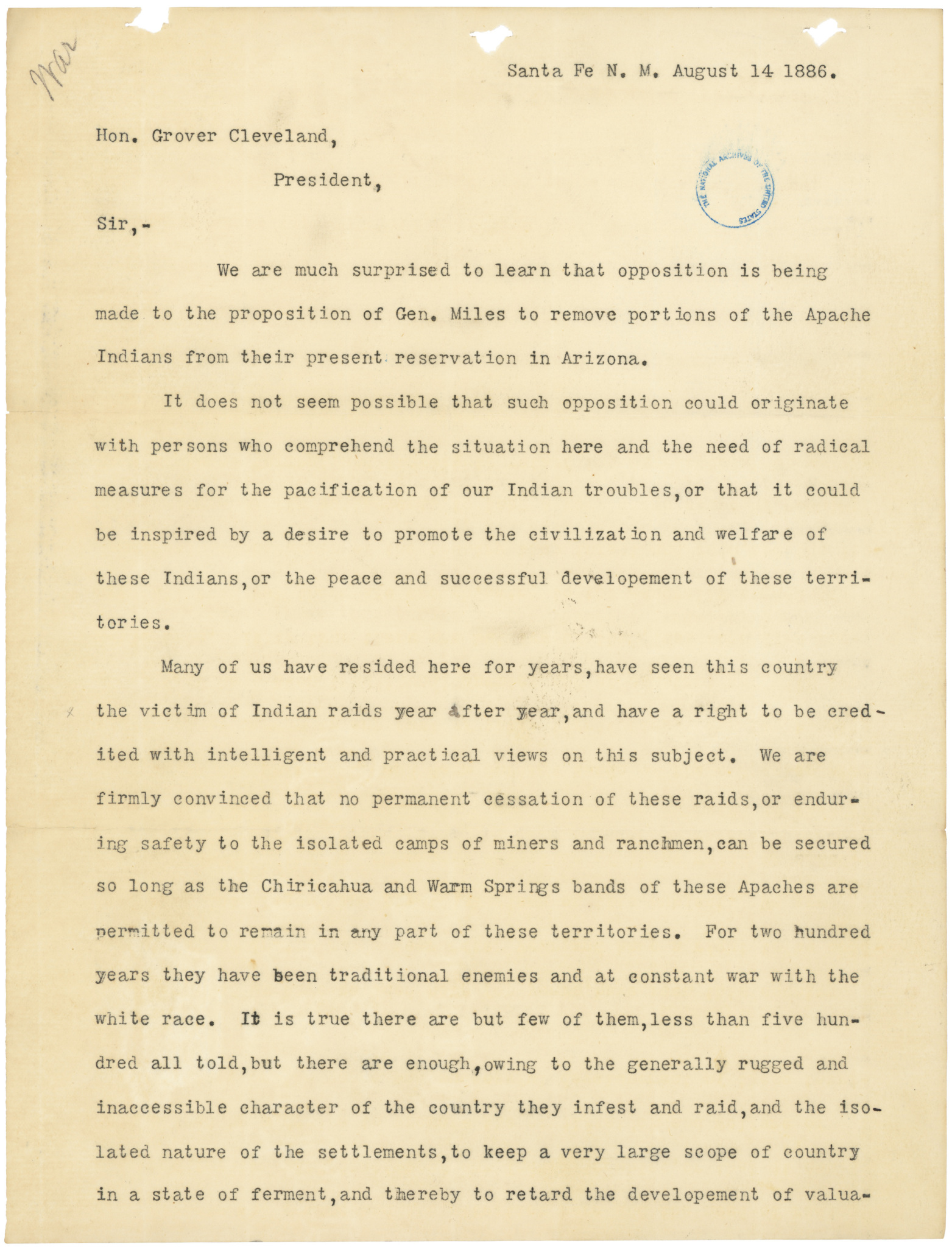 Letter to President Grover Cleveland