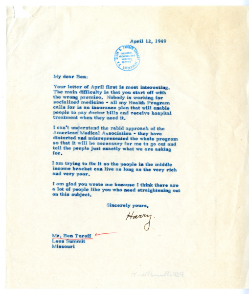 Letter from Harry S. Truman on health care