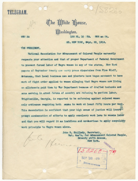 NAACP Telegram Regarding Forced Labor of Women