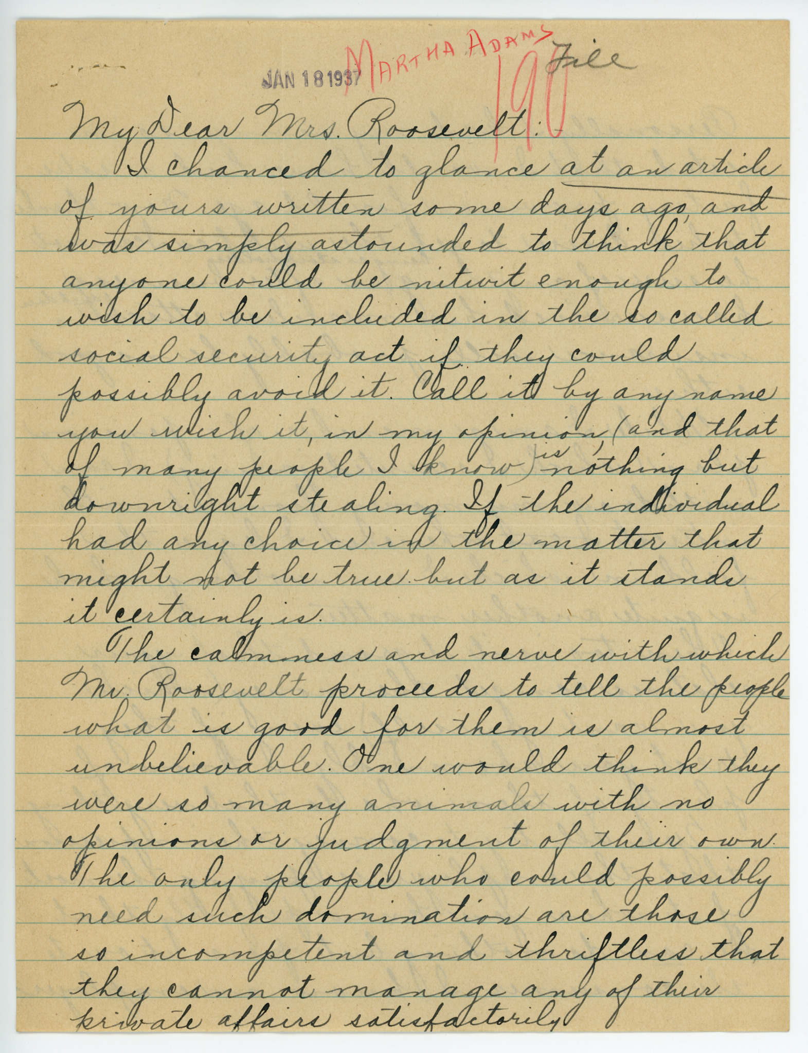 Letter to Eleanor Roosevelt